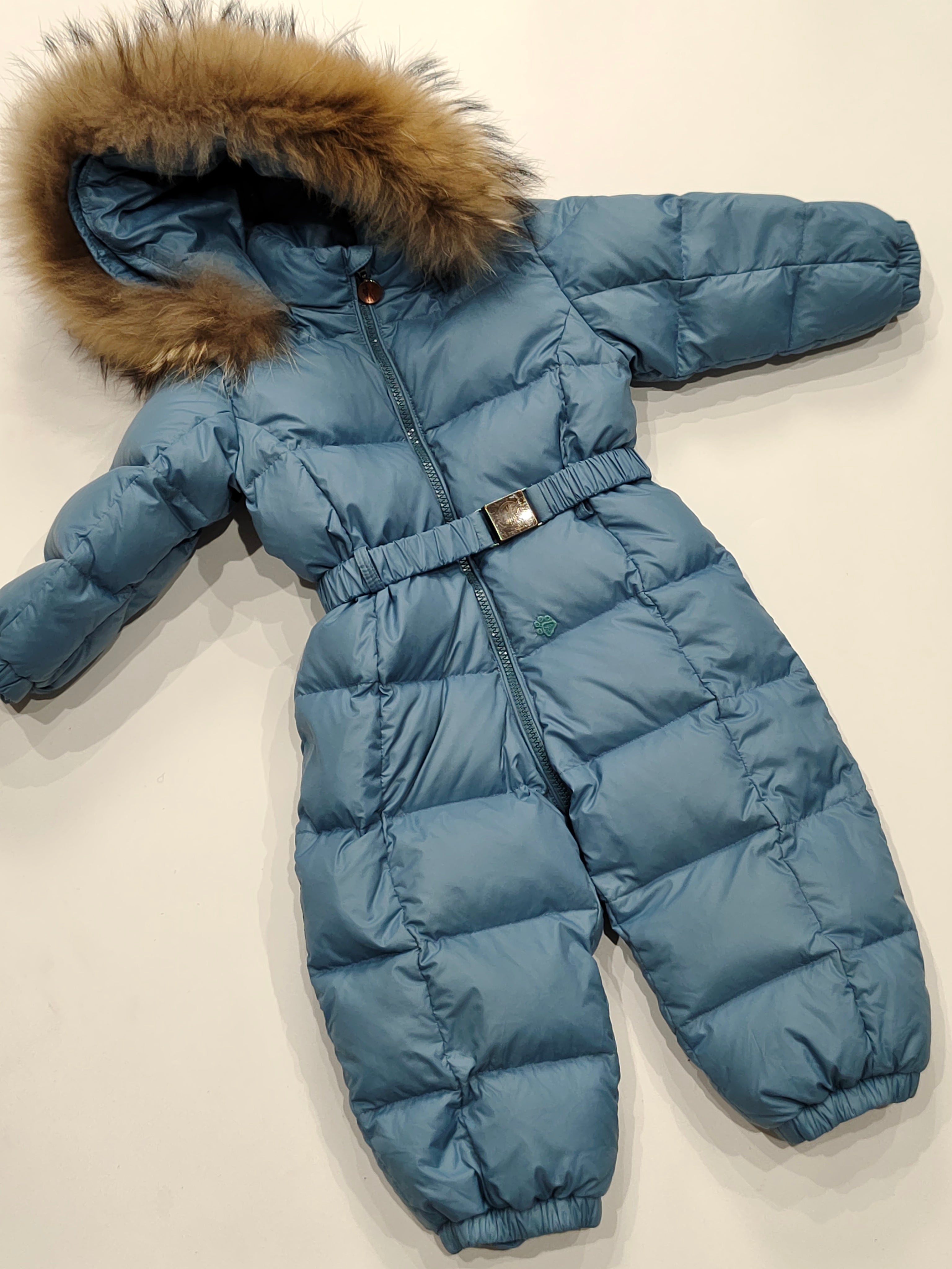 Original Moncler Enfant Baby Blue Down Snowsuit with Finland Real Fur (18-24 Months / 86 cm)