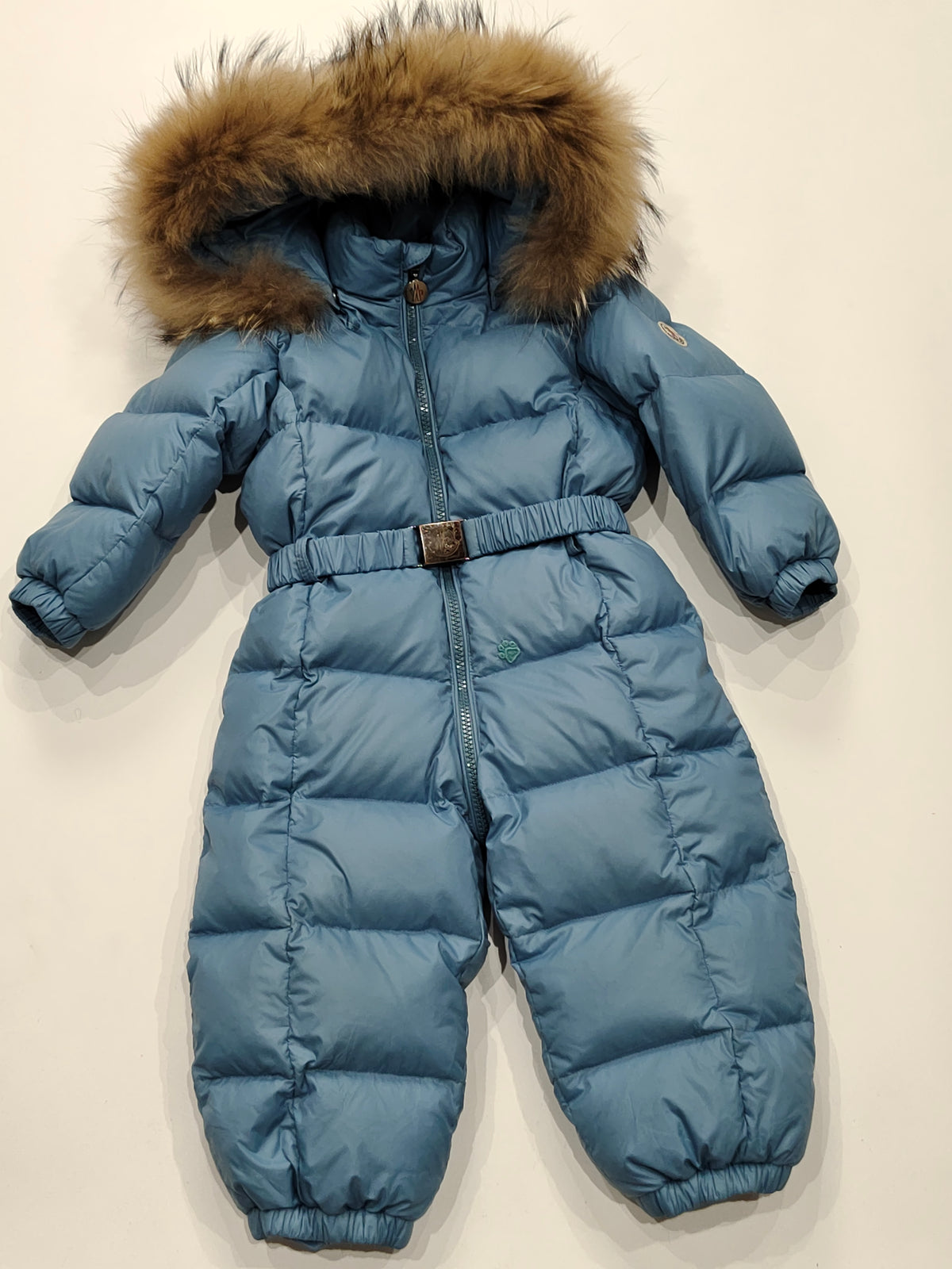 Original Moncler Enfant Baby Blue Down Snowsuit with Finland Real Fur (18-24 Months / 86 cm)