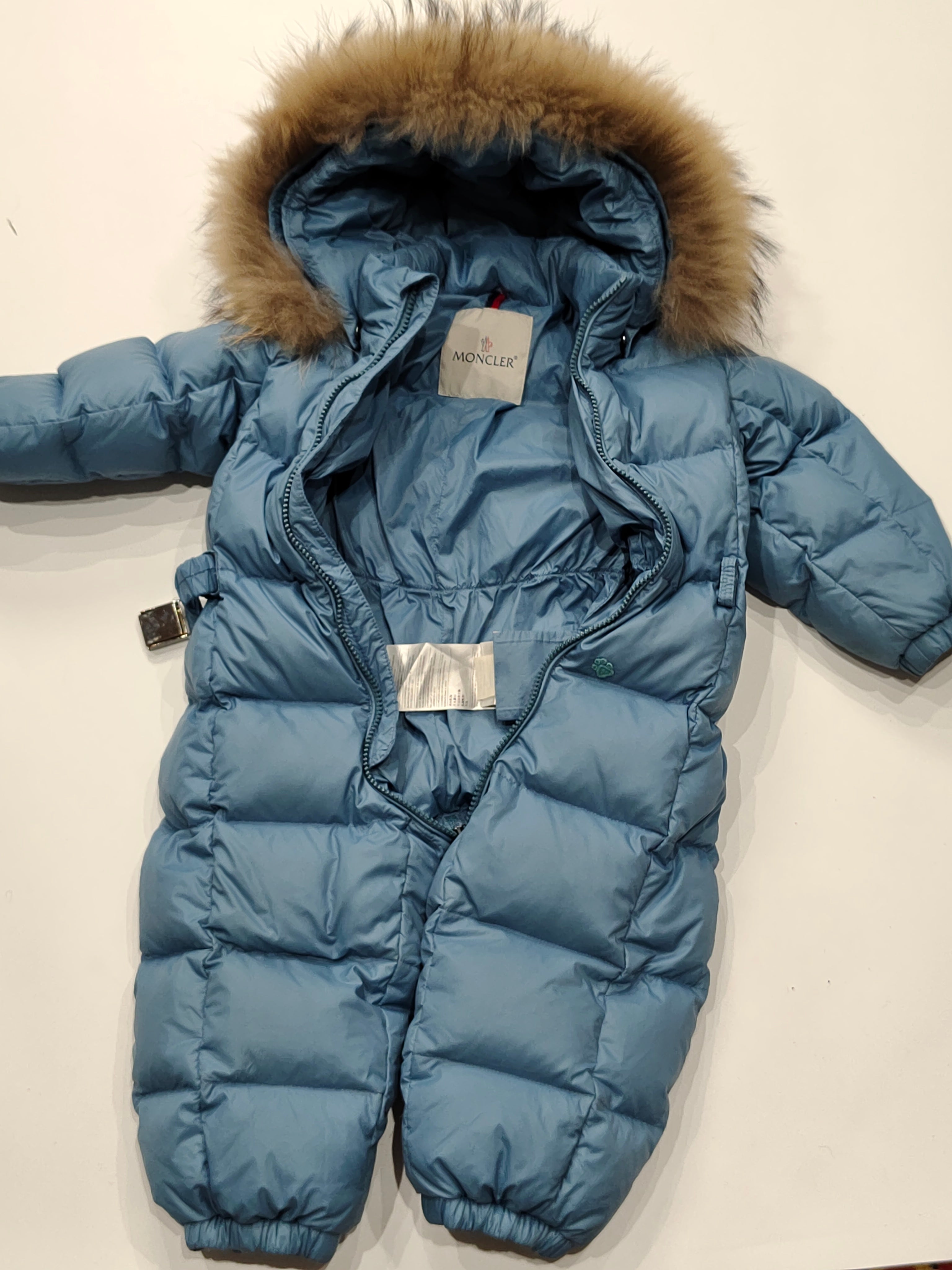 Original Moncler Enfant Baby Blue Down Snowsuit with Finland Real Fur (18-24 Months / 86 cm)