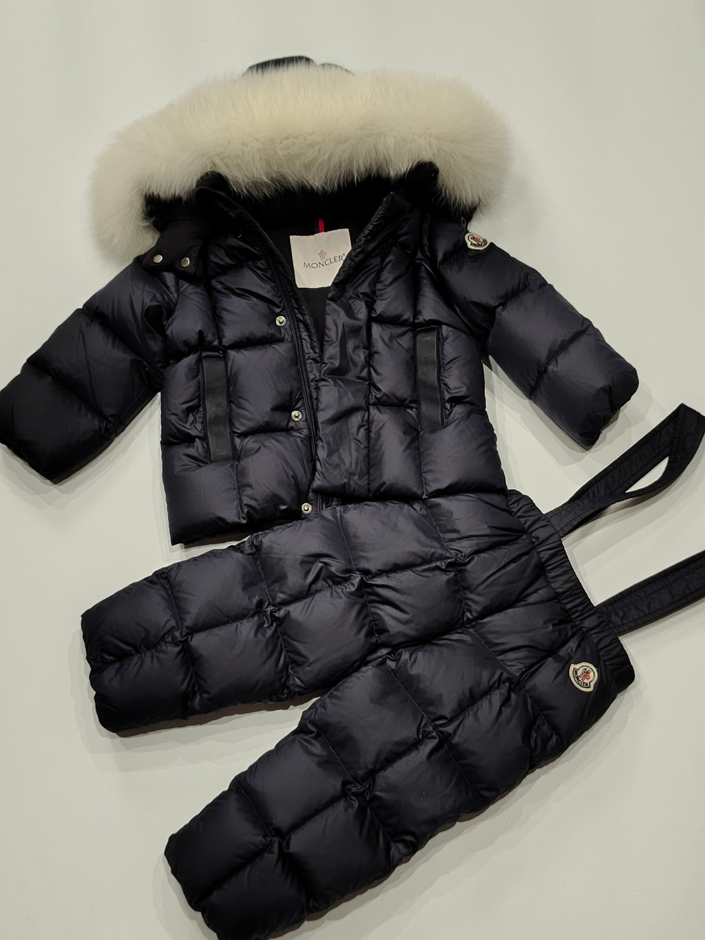 Original Moncler "Matemale" 2-Piece Luxury Blue Fox Fur Ski Down Set (12-18 Months / 80 cm)