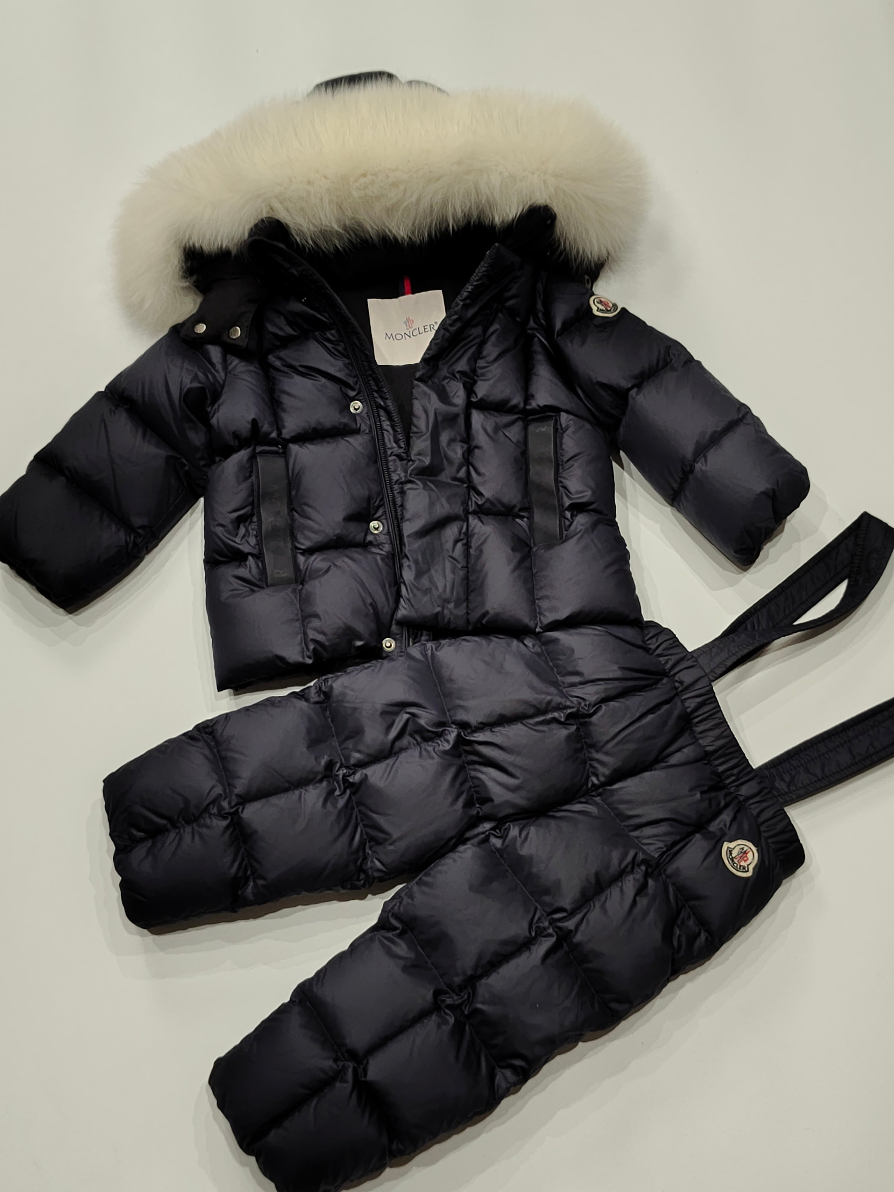 Original Moncler "Matemale" 2-Piece Luxury Blue Fox Fur Ski Down Set (12-18 Months / 80 cm)