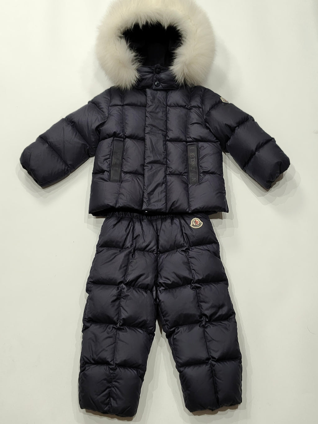 Original Moncler "Matemale" 2-Piece Luxury Blue Fox Fur Ski Down Set (12-18 Months / 80 cm)
