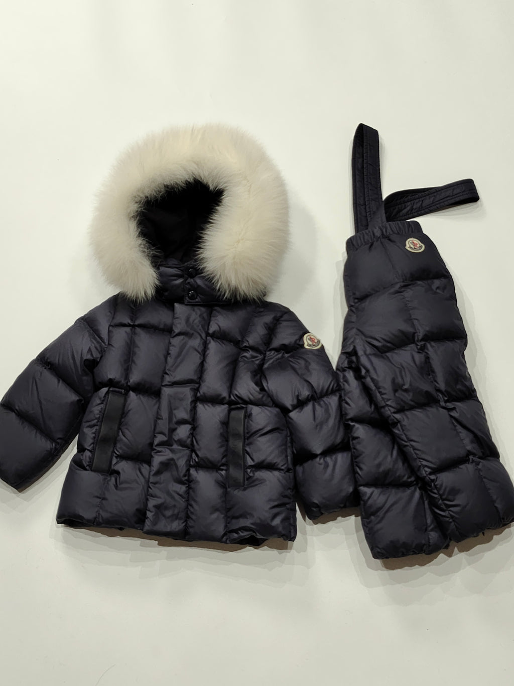 Original Moncler "Matemale" 2-Piece Luxury Blue Fox Fur Ski Down Set (12-18 Months / 80 cm)
