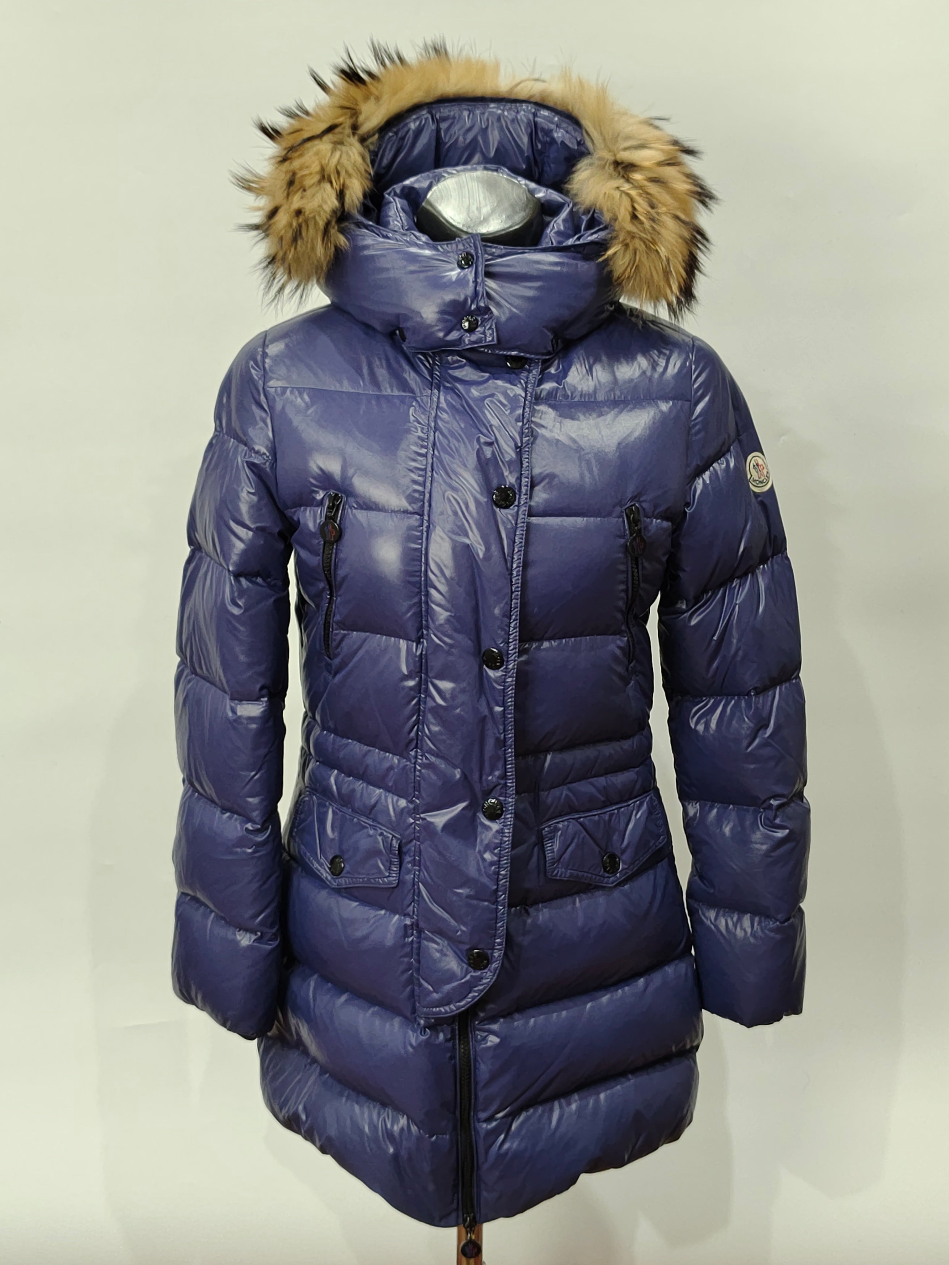 Original Moncler Enfant Girls Luxury Glossy Blueberry Winter Down Coat with Real Fur (14 Years / 164 cm)