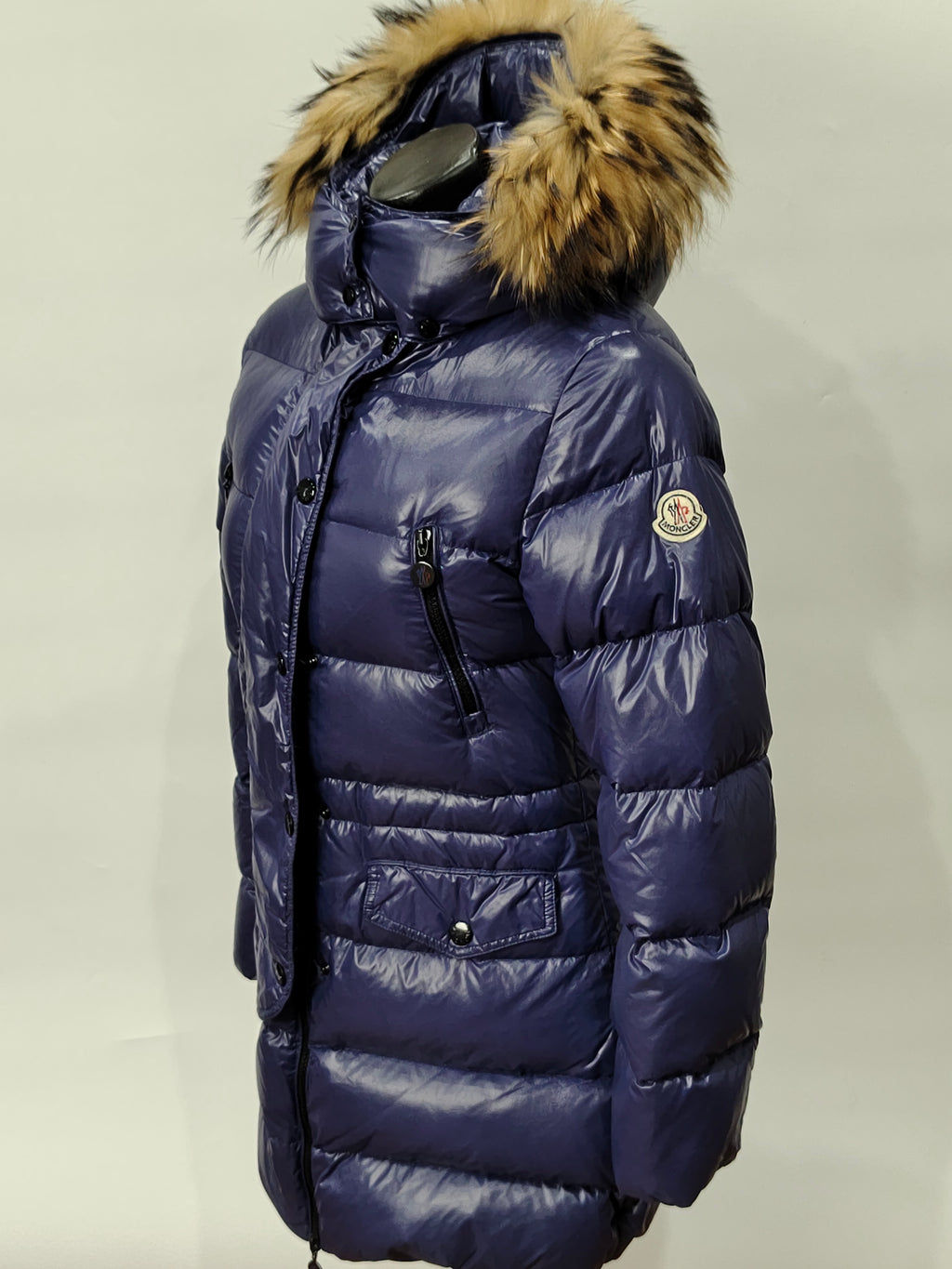 Original Moncler Enfant Girls Luxury Glossy Blueberry Winter Down Coat with Real Fur (14 Years / 164 cm)