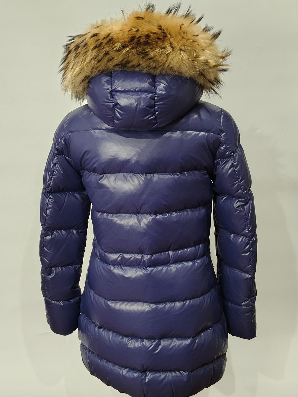 Original Moncler Enfant Girls Luxury Glossy Blueberry Winter Down Coat with Real Fur (14 Years / 164 cm)
