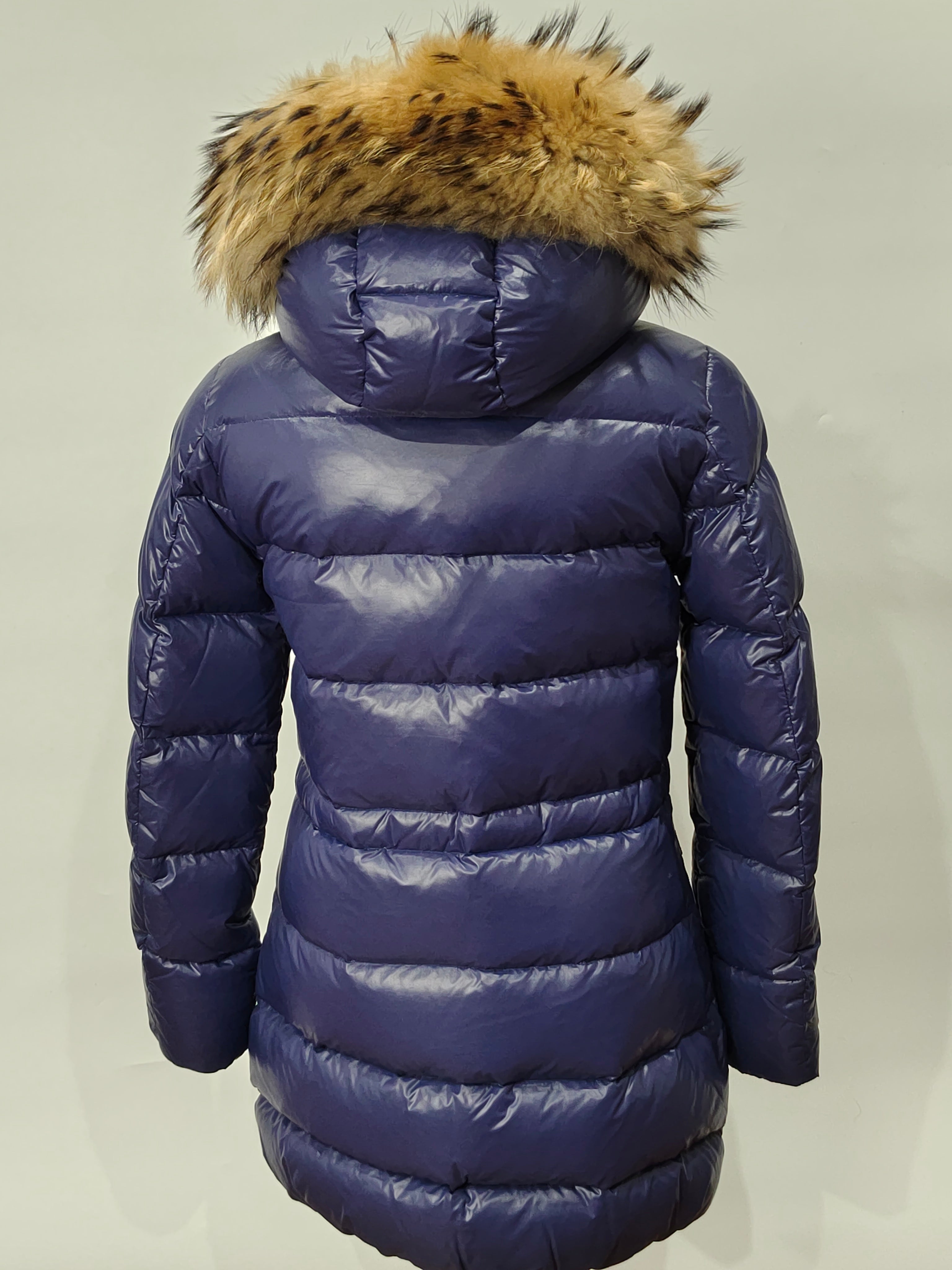 Original Moncler Enfant Girls Luxury Glossy Blueberry Winter Down Coat with Real Fur (14 Years / 164 cm)