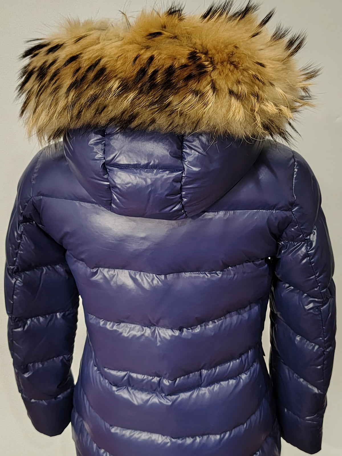 Original Moncler Enfant Girls Luxury Glossy Blueberry Winter Down Coat with Real Fur (14 Years / 164 cm)