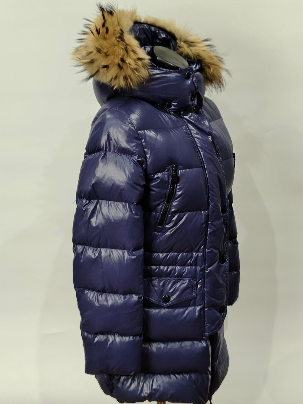 Original Moncler Enfant Girls Luxury Glossy Blueberry Winter Down Coat with Real Fur (14 Years / 164 cm)