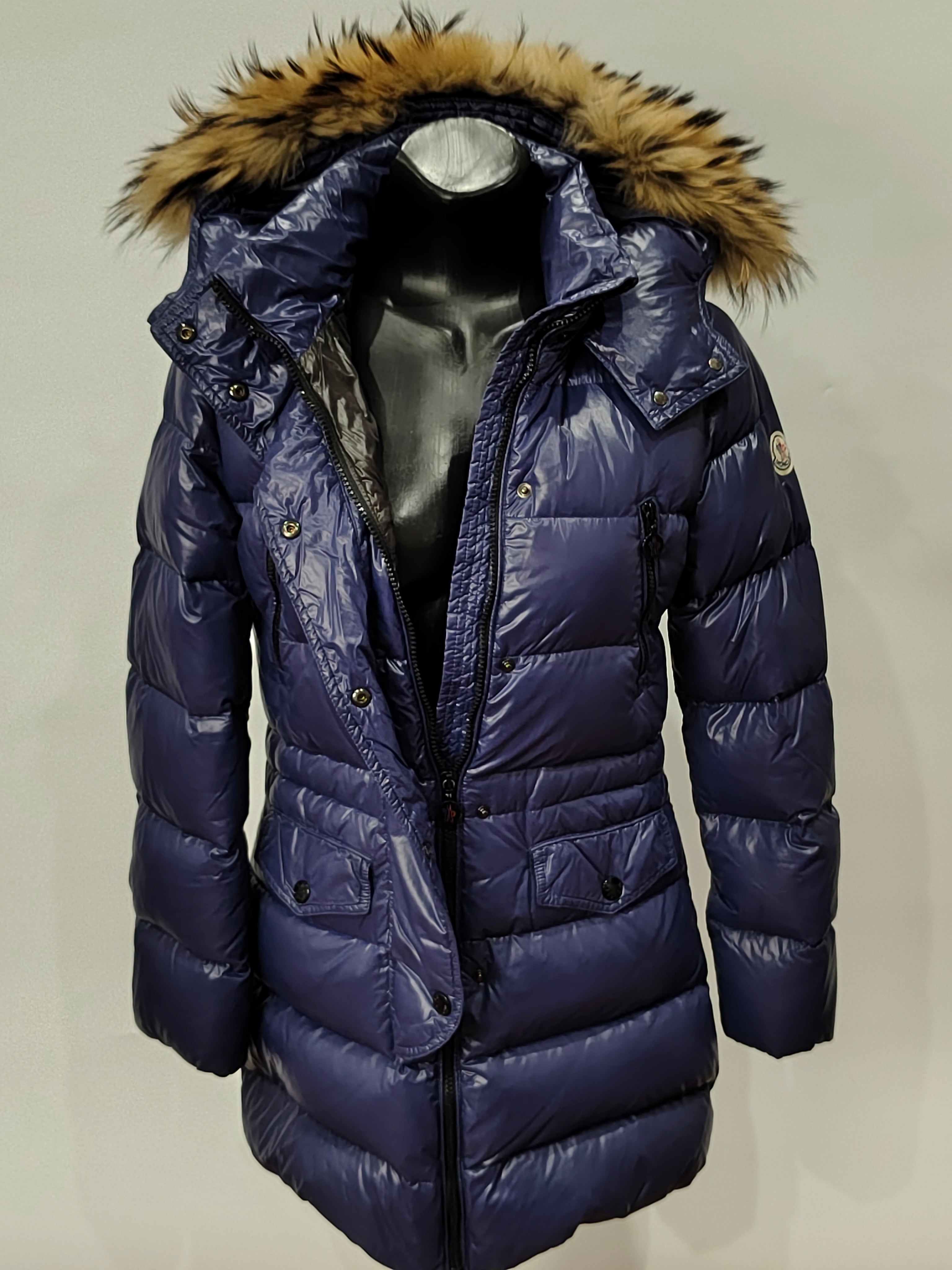 Original Moncler Enfant Girls Luxury Glossy Blueberry Winter Down Coat with Real Fur (14 Years / 164 cm)